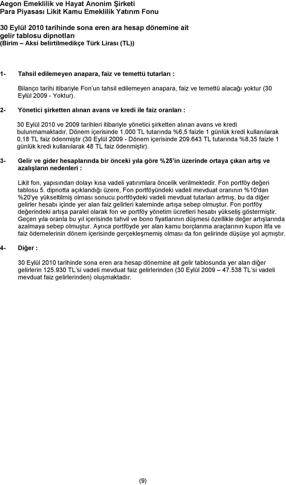 2- Yönetici şirketten alınan avans ve kredi ile faiz oranları : 30 Eylül 2010 ve 2009 tarihleri itibariyle yönetici şirketten alınan avans ve kredi bulunmamaktadır. Dönem içerisinde 1.