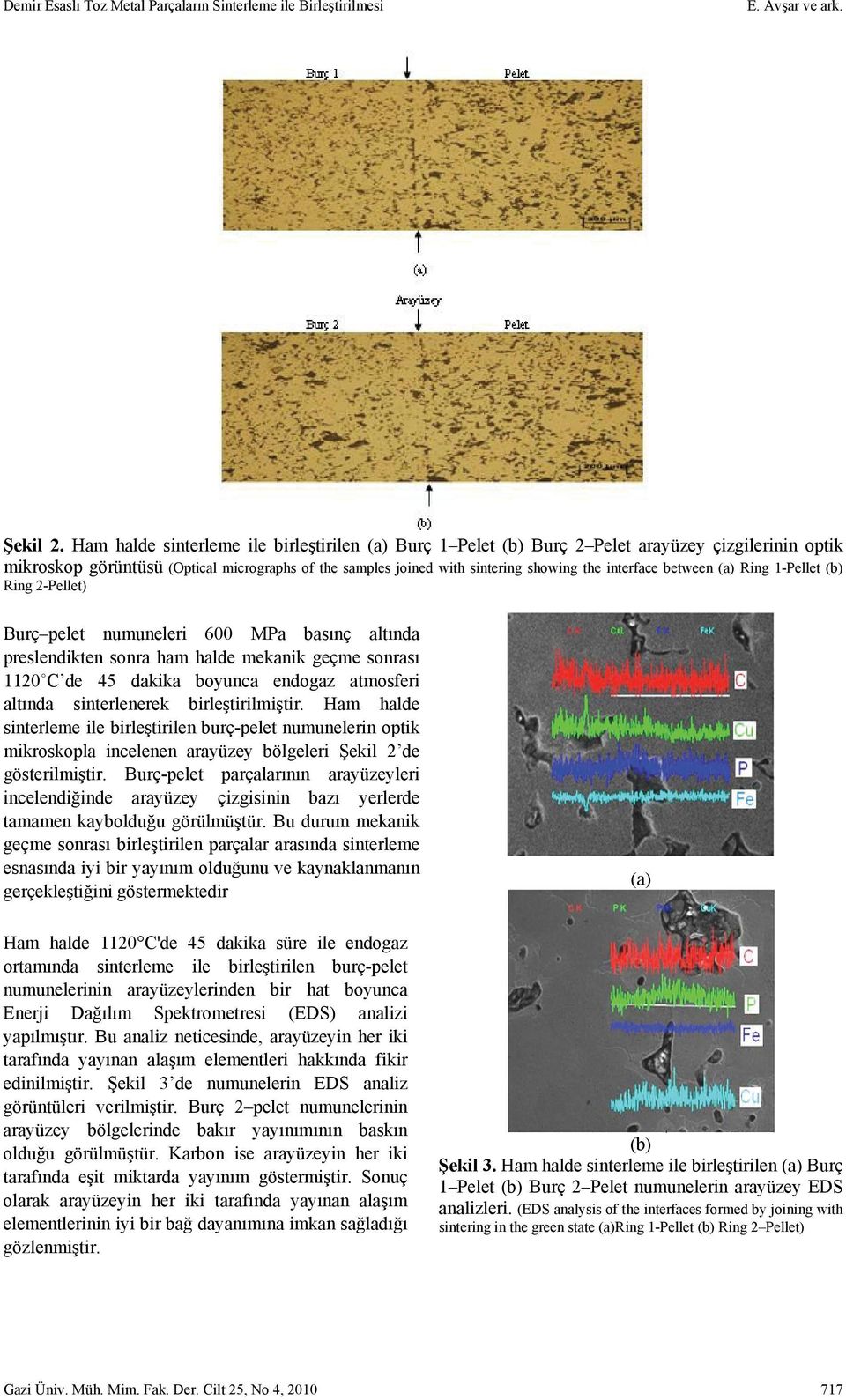 interface between (a) Ring 1-Pellet (b) Ring 2-Pellet) Burç pelet numuneleri 600 MPa basınç altında preslendikten sonra ham halde mekanik geçme sonrası 1120 C de 45 dakika boyunca endogaz atmosferi