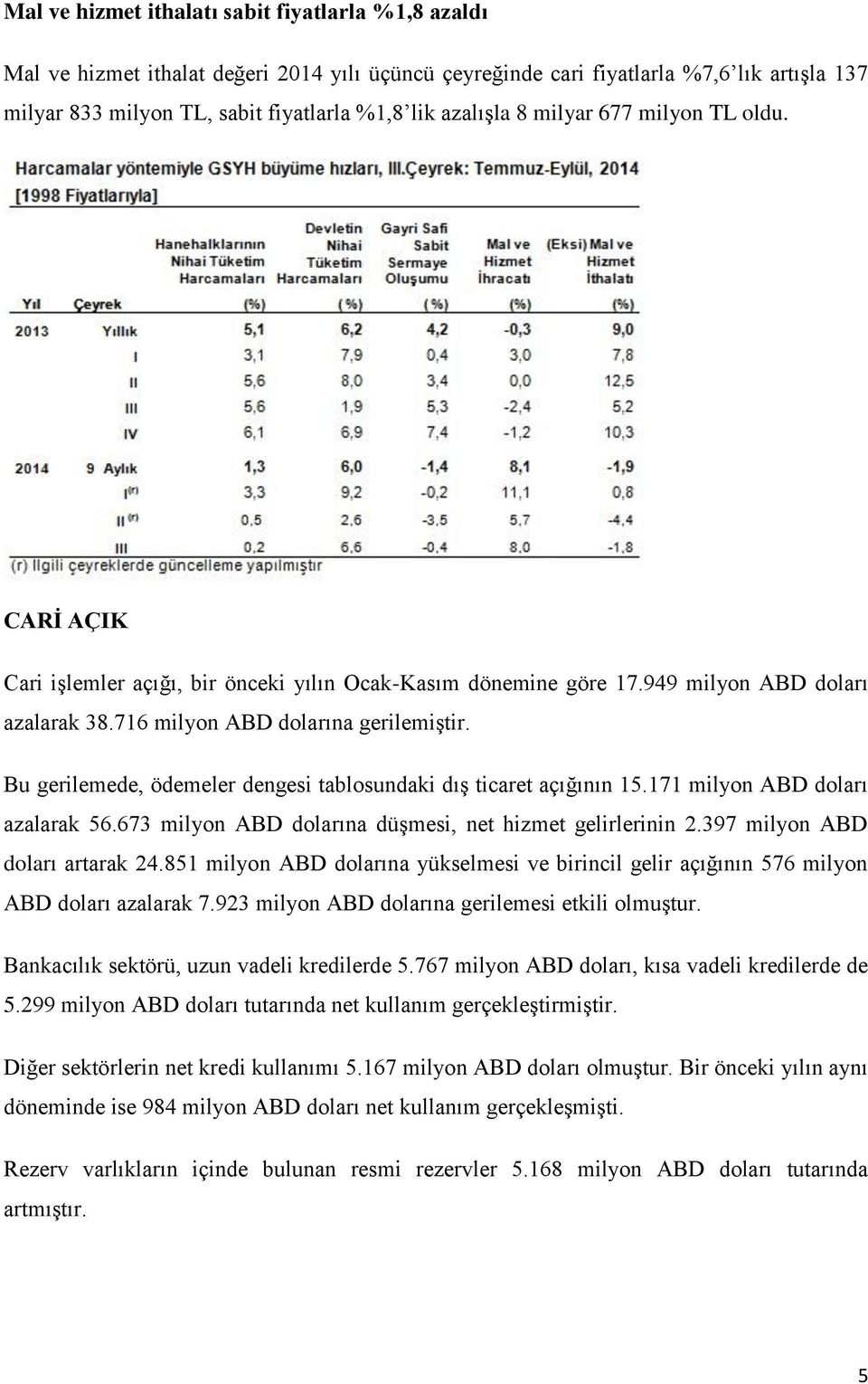 Bu gerilemede, ödemeler dengesi tablosundaki dış ticaret açığının 15.171 milyon ABD doları azalarak 56.673 milyon ABD dolarına düşmesi, net hizmet gelirlerinin 2.397 milyon ABD doları artarak 24.