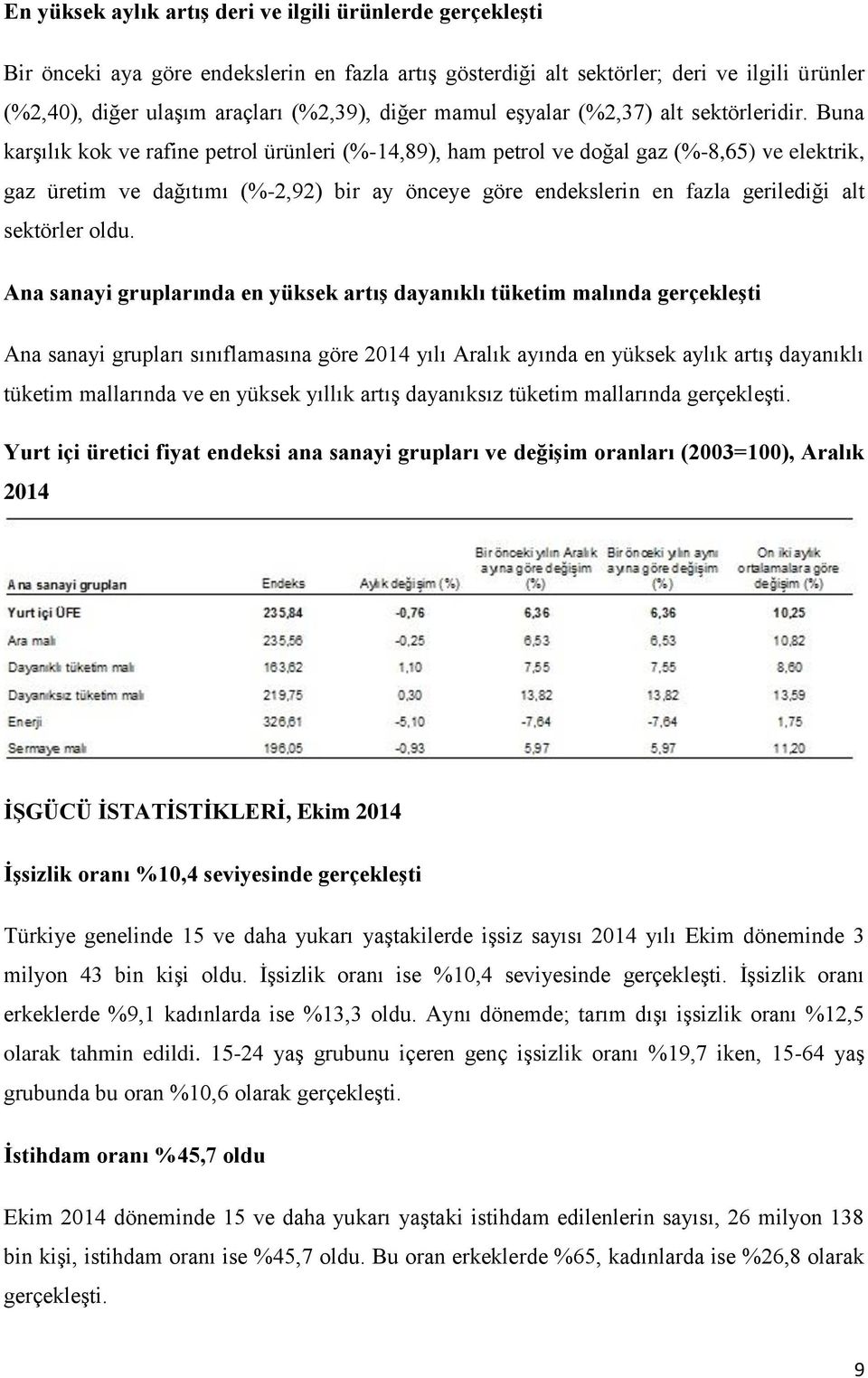 Buna karşılık kok ve rafine petrol ürünleri (%-14,89), ham petrol ve doğal gaz (%-8,65) ve elektrik, gaz üretim ve dağıtımı (%-2,92) bir ay önceye göre endekslerin en fazla gerilediği alt sektörler