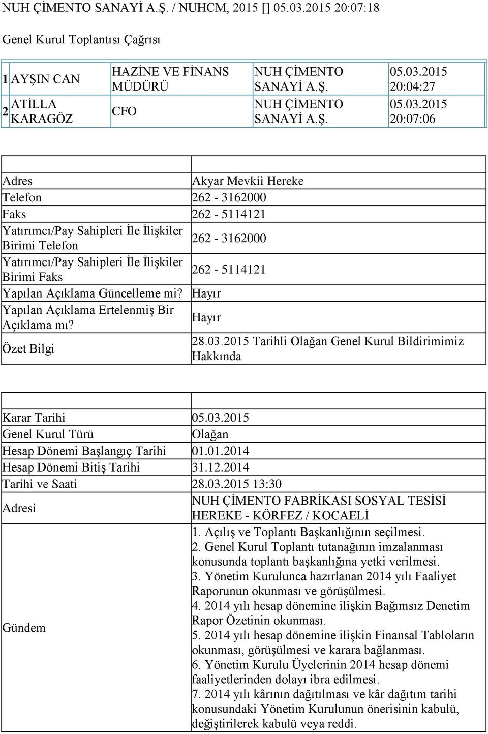 Birimi Faks Yapılan Açıklama Güncelleme mi? Hayır Yapılan Açıklama Ertelenmiş Bir Açıklama mı? Hayır Özet Bilgi 28.03.2015 Tarihli Olağan Genel Kurul Bildirimimiz Hakkında Karar Tarihi 05.03.2015 Genel Kurul Türü Olağan Hesap Dönemi Başlangıç Tarihi 01.