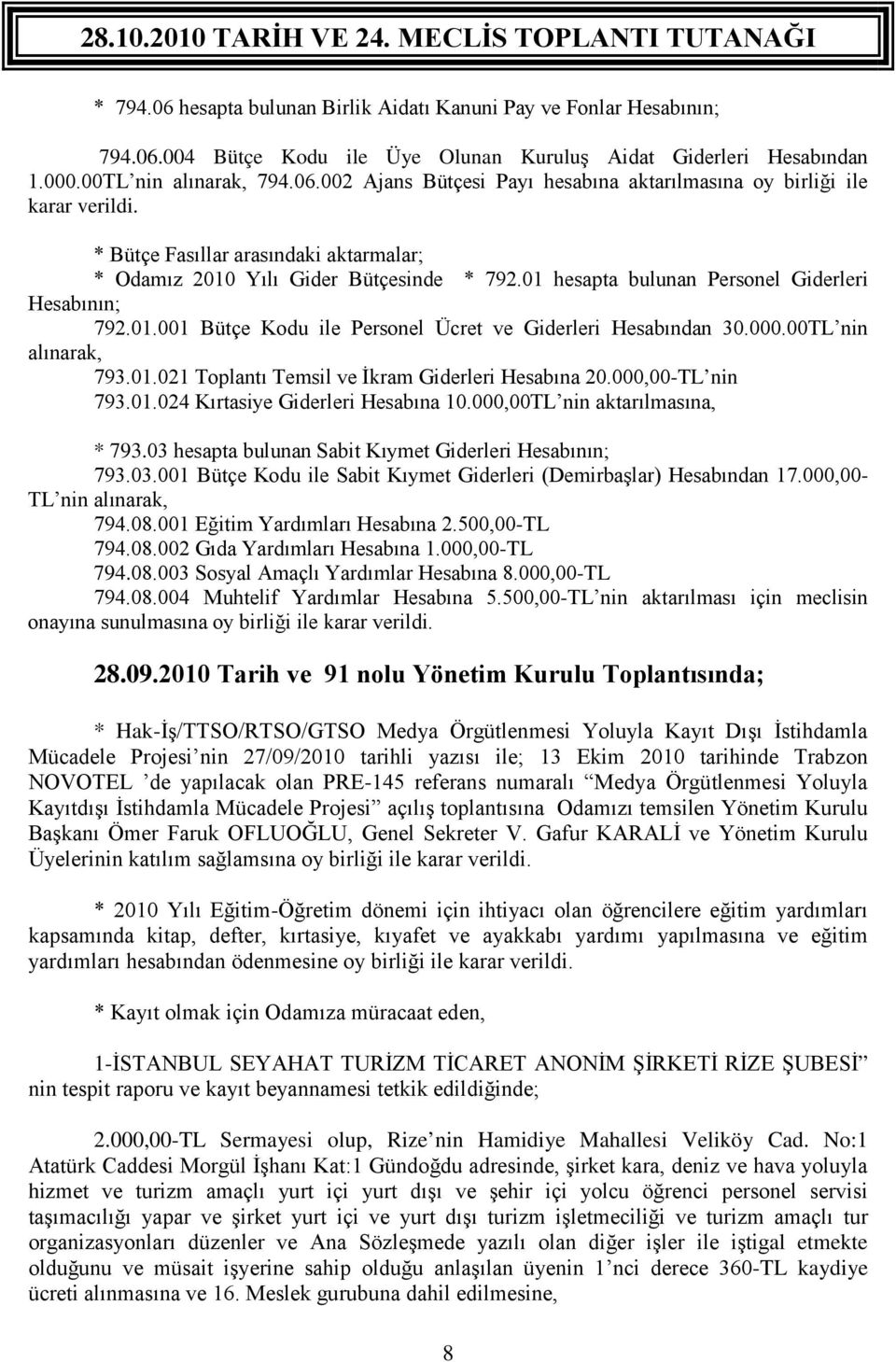 000.00TL nin alınarak, 793.01.021 Toplantı Temsil ve İkram Giderleri Hesabına 20.000,00-TL nin 793.01.024 Kırtasiye Giderleri Hesabına 10.000,00TL nin aktarılmasına, * 793.