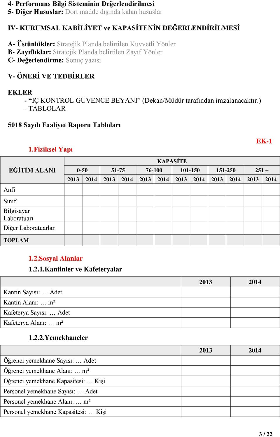 imzalanacaktır) - TABLOLAR 5018 Sayılı Faaliyet Raporu Tabloları 1Fiziksel Yapı EK-1 EĞİTİM ALANI Anfi KAPASİTE 0-50 575 76-100 10150 15250 251 + Sınıf Bilgisayar Laboratuarı Diğer Laboratuarlar