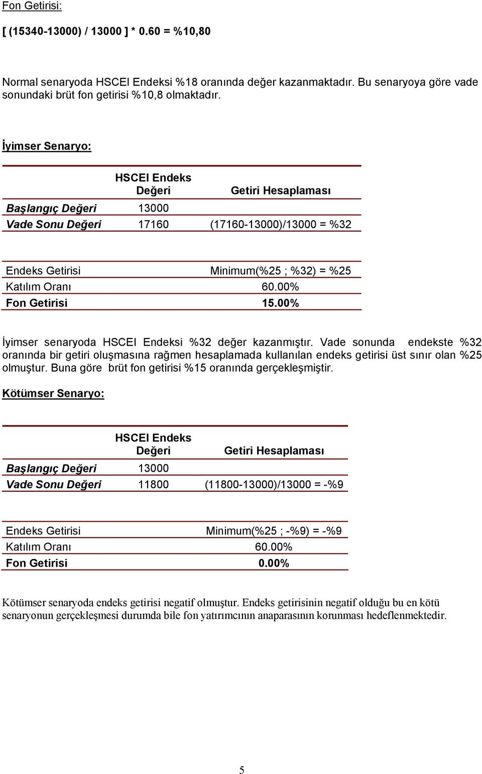 00% Fon Getirisi 15.00% İyimser senaryoda HSCEI Endeksi %32 değer kazanmıştır.