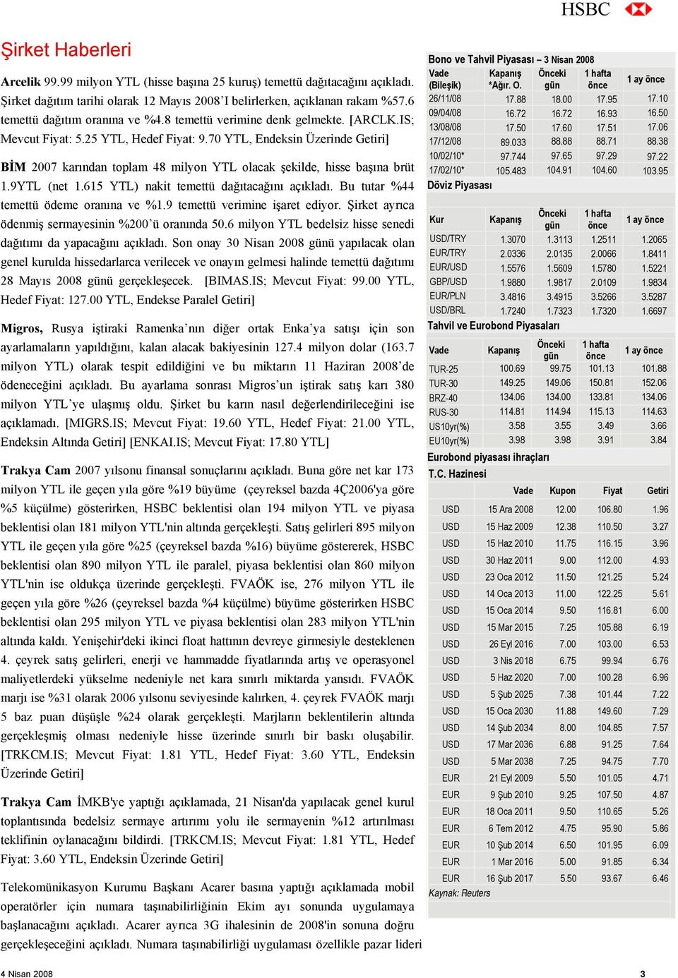 70 YTL, Endeksin Üzerinde Getiri] BİM 2007 karından toplam 48 milyon YTL olacak şekilde, hisse başına brüt 1.9YTL (net 1.615 YTL) nakit temettü dağıtacağını açıkladı.