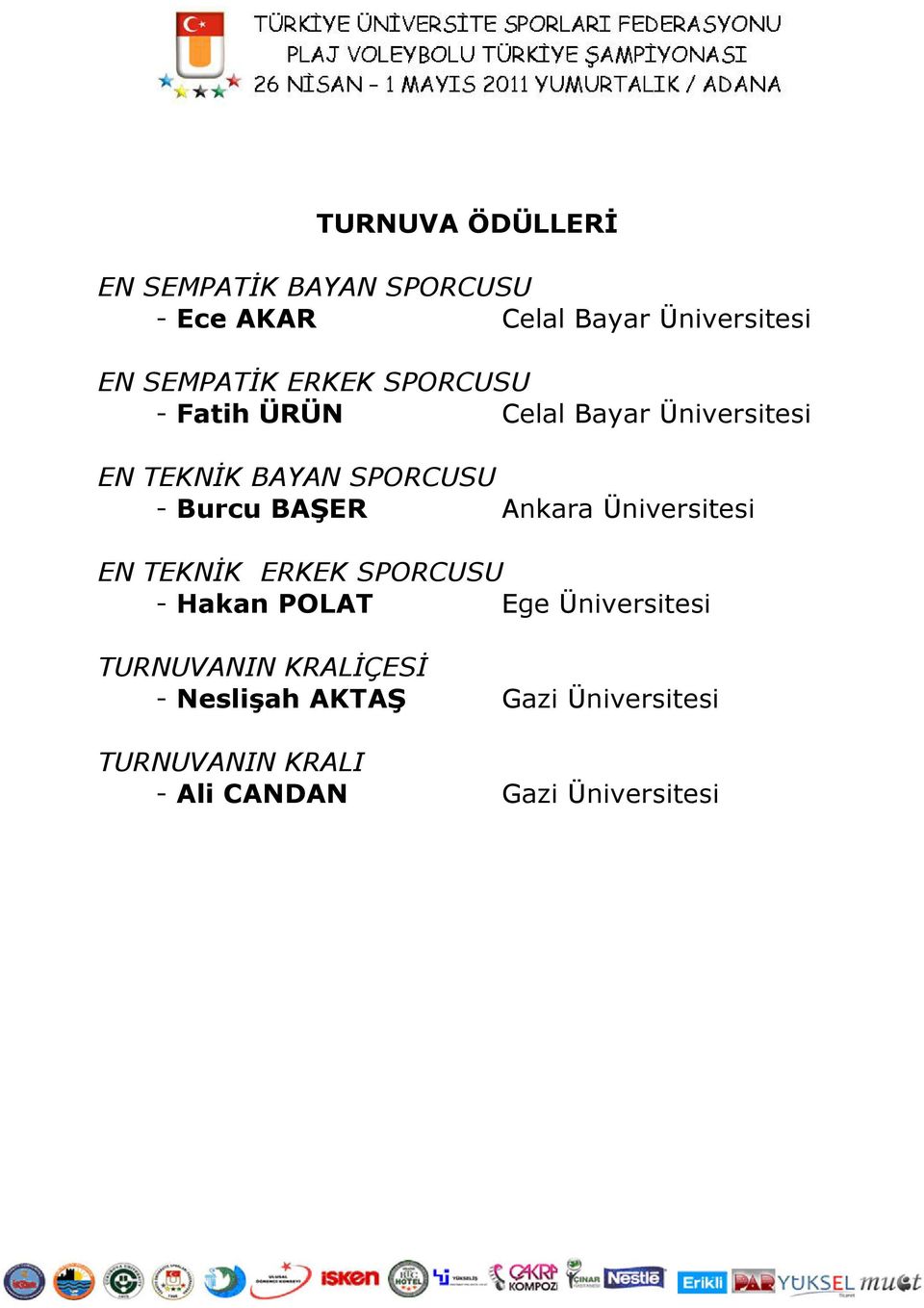 Burcu BAŞER Ankara Üniversitesi EN TEKNİK ERKEK SPORCUSU - Hakan POLAT Ege Üniversitesi