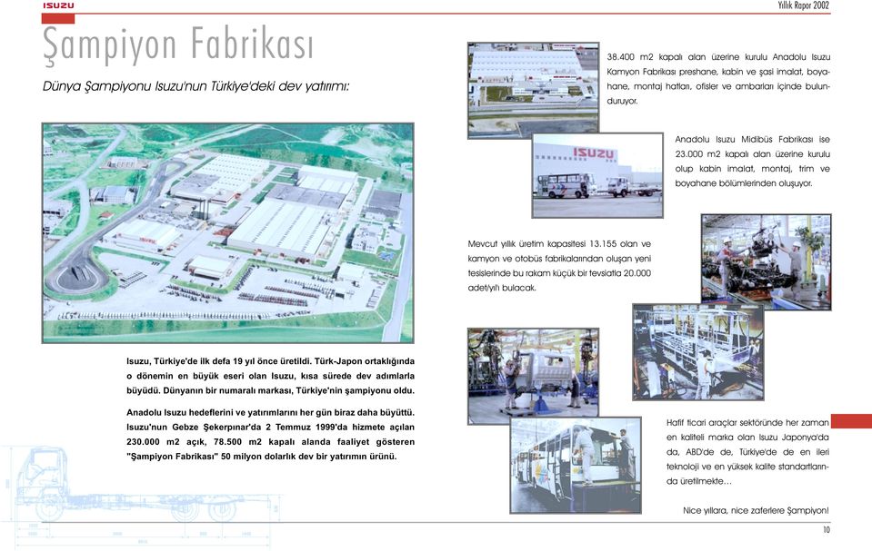 Anadolu Isuzu Midibüs Fabrikasý ise 23.000 m2 kapalý alan üzerine kurulu olup kabin imalat, montaj, trim ve boyahane bölümlerinden oluþuyor. Mevcut yýllýk üretim kapasitesi 13.