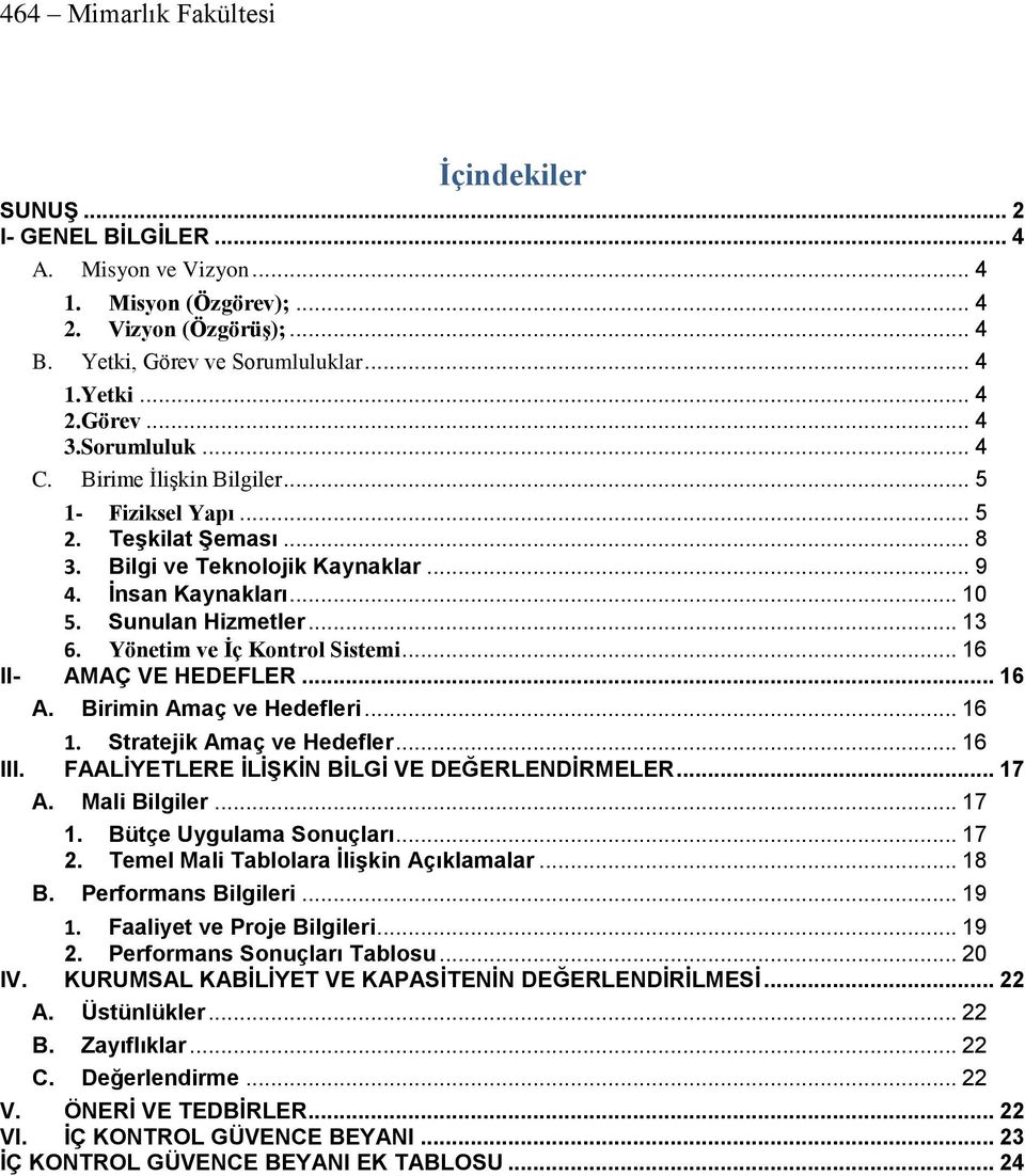 .. 16 II- AMAÇ VE HEDEFLER... 16 A. Birimin Amaç ve Hedefleri... 16 1. Stratejik Amaç ve Hedefler... 16 III. FAALİYETLERE İLİŞKİN BİLGİ VE DEĞERLENDİRMELER... 17 A. Mali Bilgiler... 17 1.