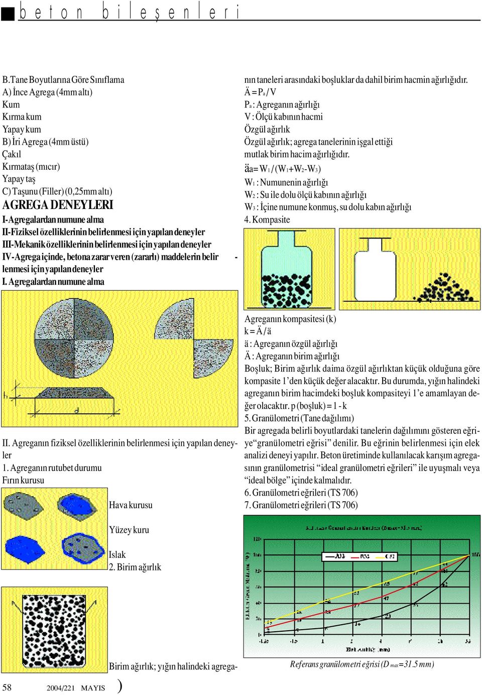 maddelerin belir - lenmesi için yap lan deneyler I. Agregalardan numune alma Birim a rl k; y n halindeki agrega- 58 2004/221 MAYIS ) n n taneleri aras ndaki boflluklar da dahil birim hacmin a rl d r.