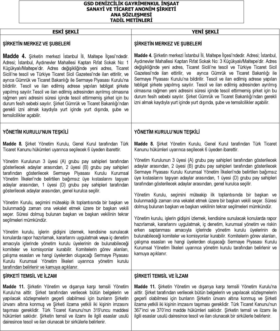 Adres değişikliğinde yeni adres, Ticaret Sicili ne tescil ve Türkiye Ticaret Sicil Gazetesi nde ilan ettirilir, ve ayrıca Gümrük ve Ticaret Bakanlığı ile Sermaye Piyasası Kurulu na bildirilir.