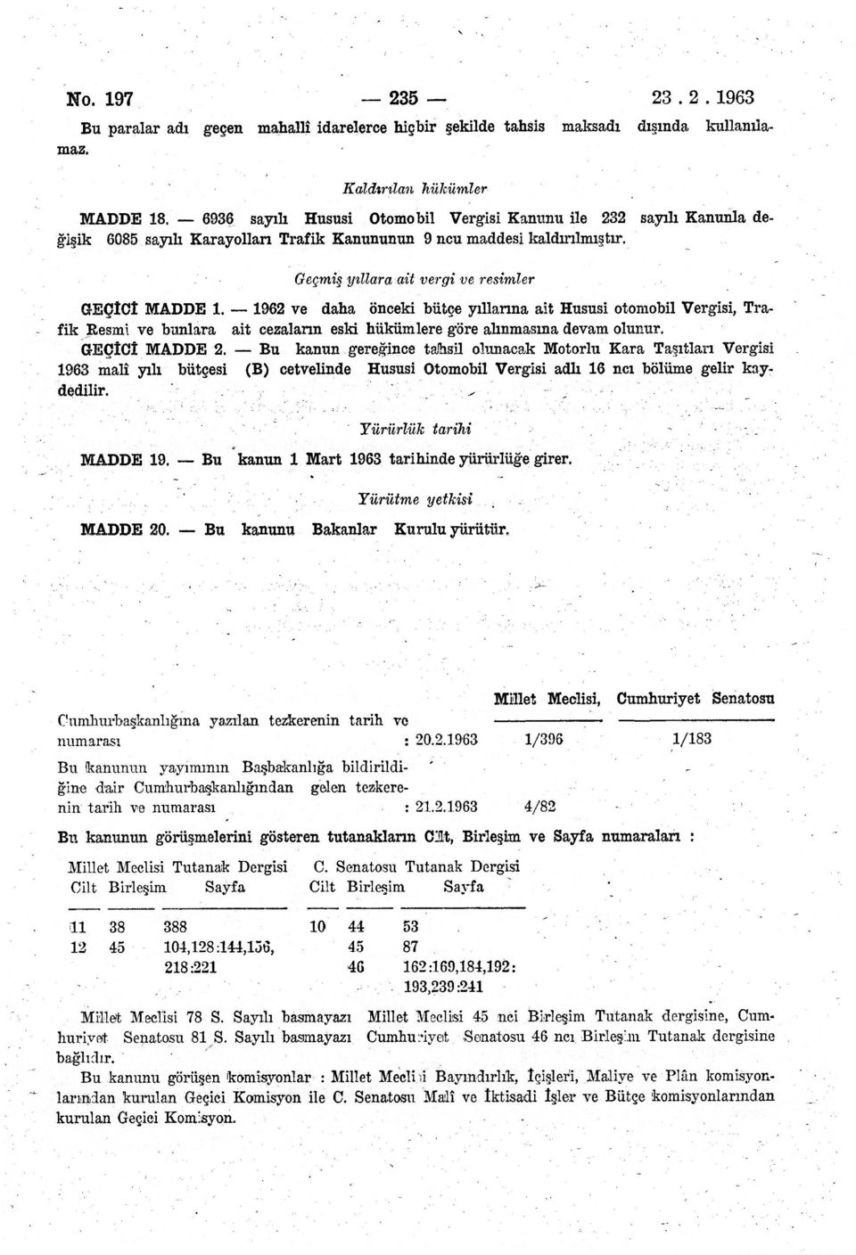 1962 ve daha önceki bütçe yıllarına ait Hususi otomobil Vergisi, Trafik Resmi ve bunlara ait cezaların eski hükümlere göre alınmasına devam olunur. GEÇÎCt MADDE 2.