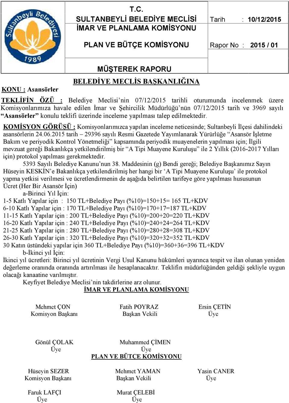 edilmektedir. KOMİSYON GÖRÜŞÜ : Komisyonlarımızca yapılan inceleme neticesinde; Sultanbeyli İlçesi dahilindeki asansörlerin 24.06.