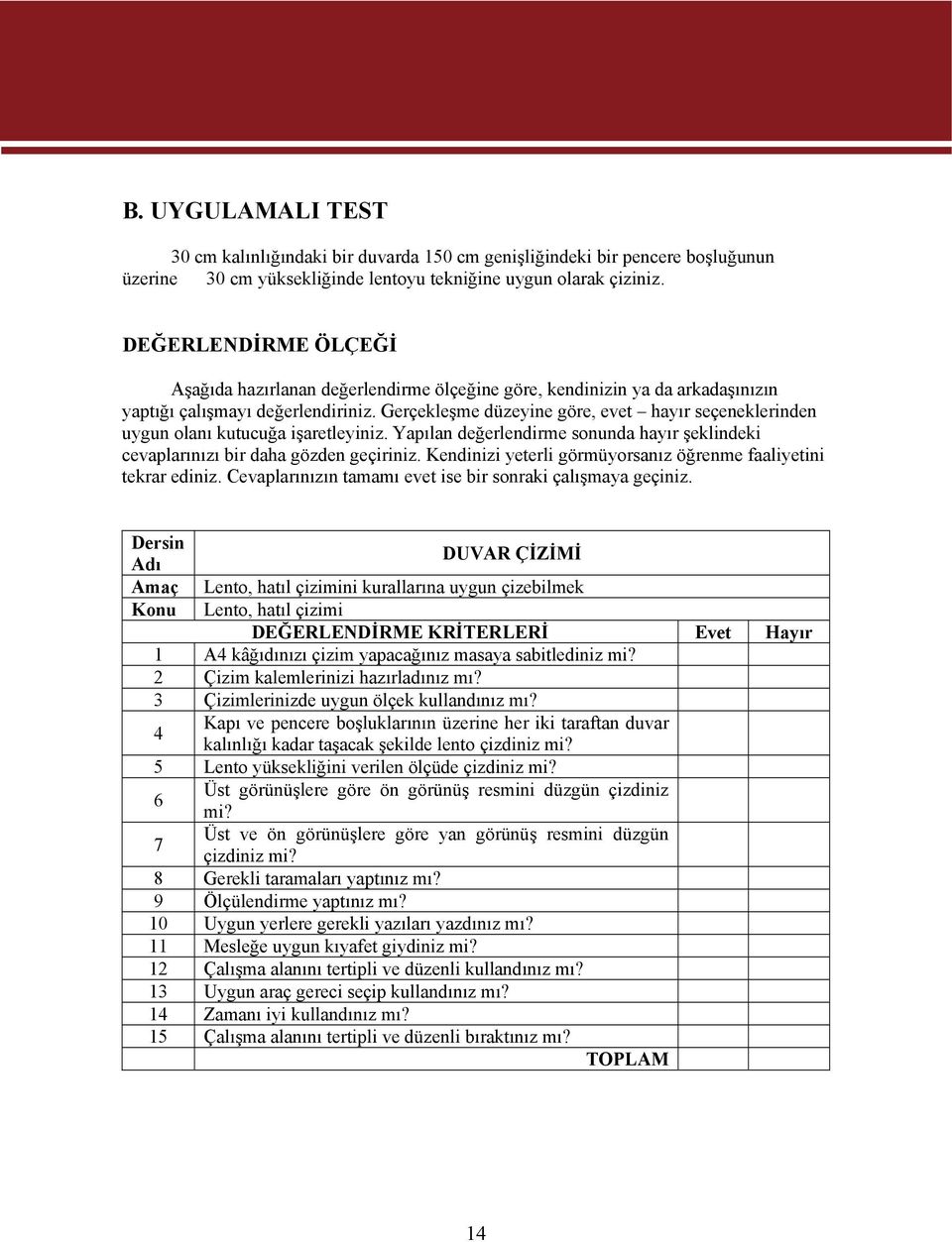 Gerçekleşme düzeyine göre, evet hayır seçeneklerinden uygun olanı kutucuğa işaretleyiniz. Yapılan değerlendirme sonunda hayır şeklindeki cevaplarınızı bir daha gözden geçiriniz.