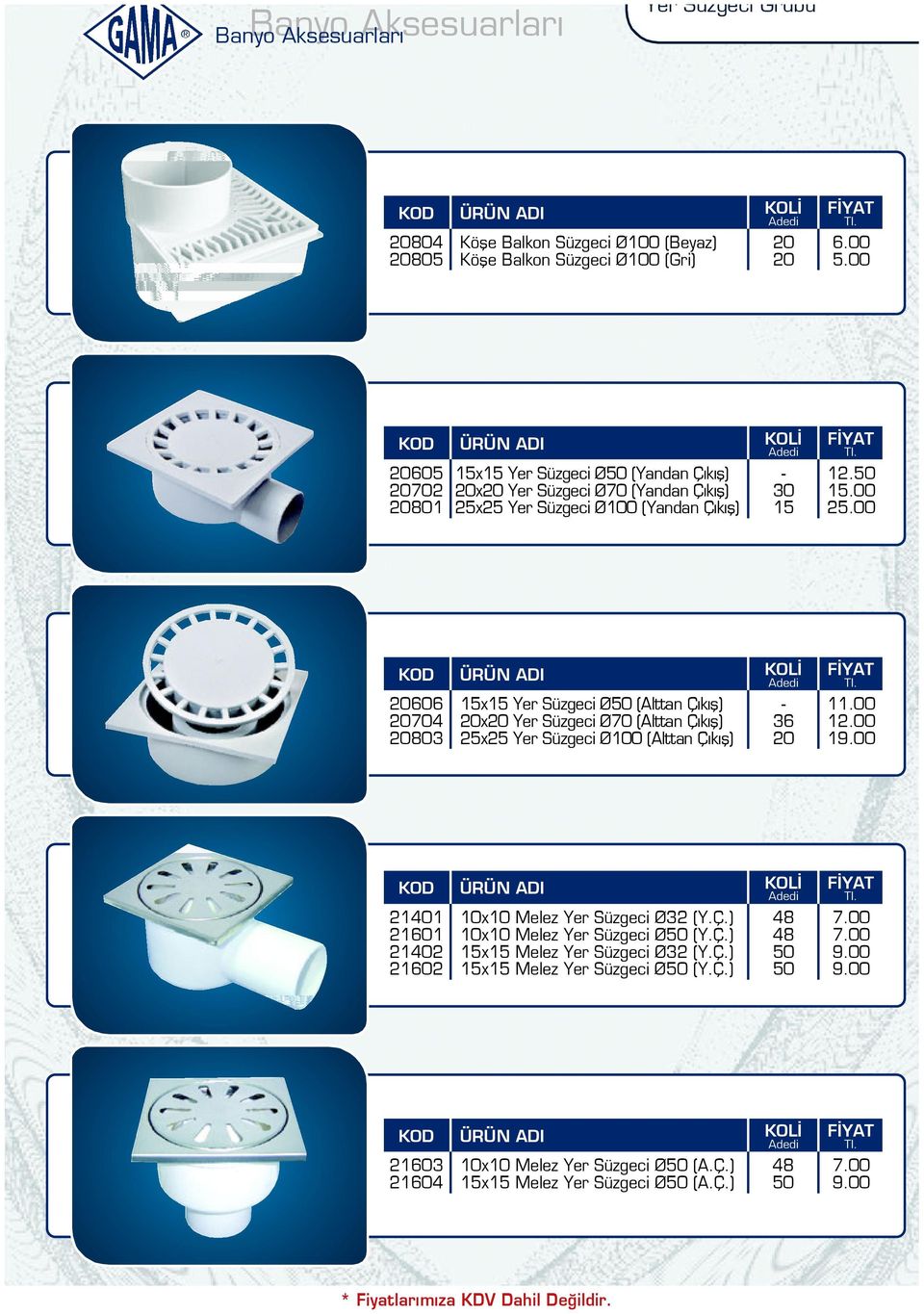 00 606 704 803 15x15 Yer Süzgeci Ø (Alttan Ç k fl) x Yer Süzgeci Ø70 (Alttan Ç k fl) 25x25 Yer Süzgeci Ø100 (Alttan Ç k fl) - 36 11.00 12.00 19.