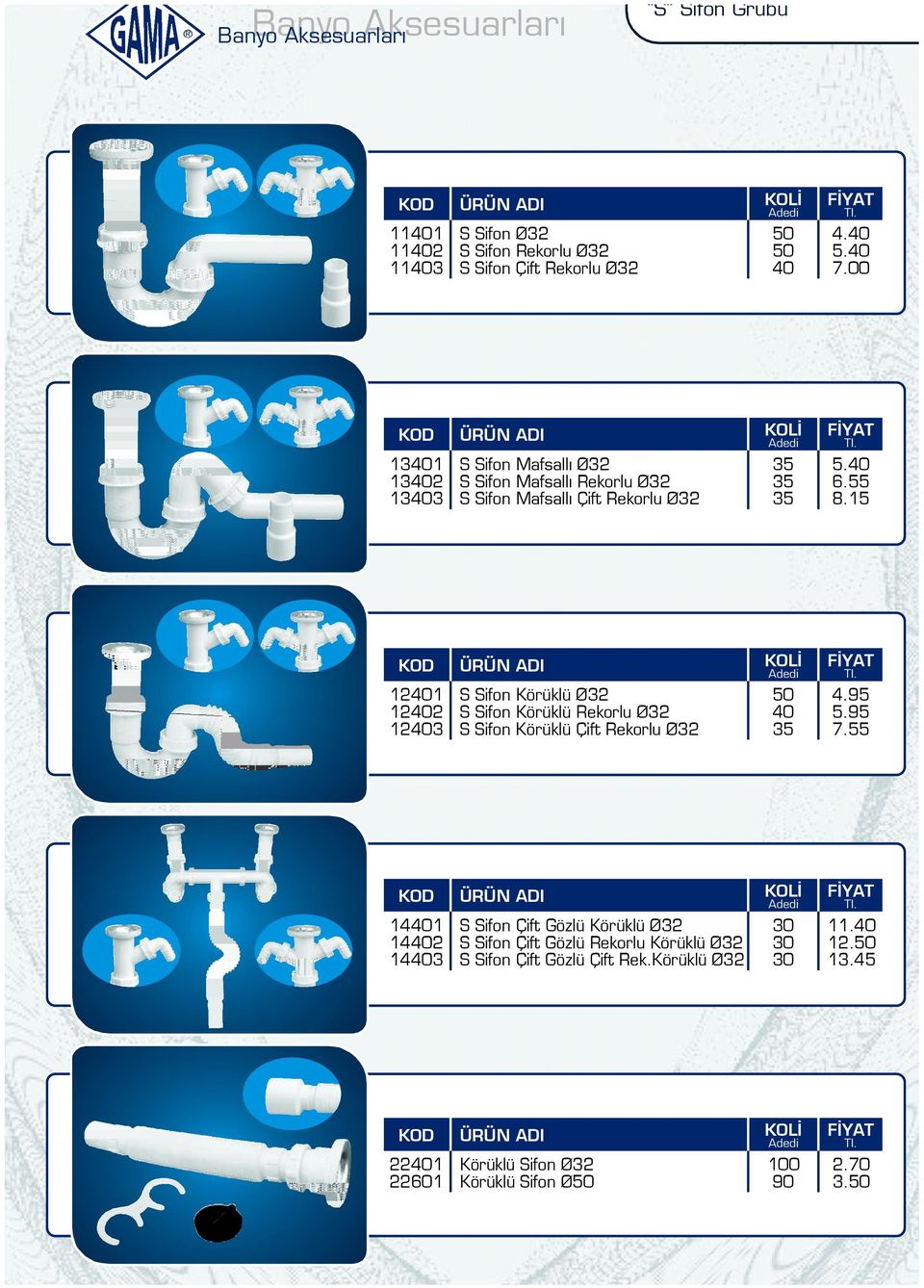 15 12401 12402 12403 S Sifon Körüklü Ø32 S Sifon Körüklü Rekorlu Ø32 S Sifon Körüklü Çift Rekorlu Ø32 40 35 4.95 5.95 7.