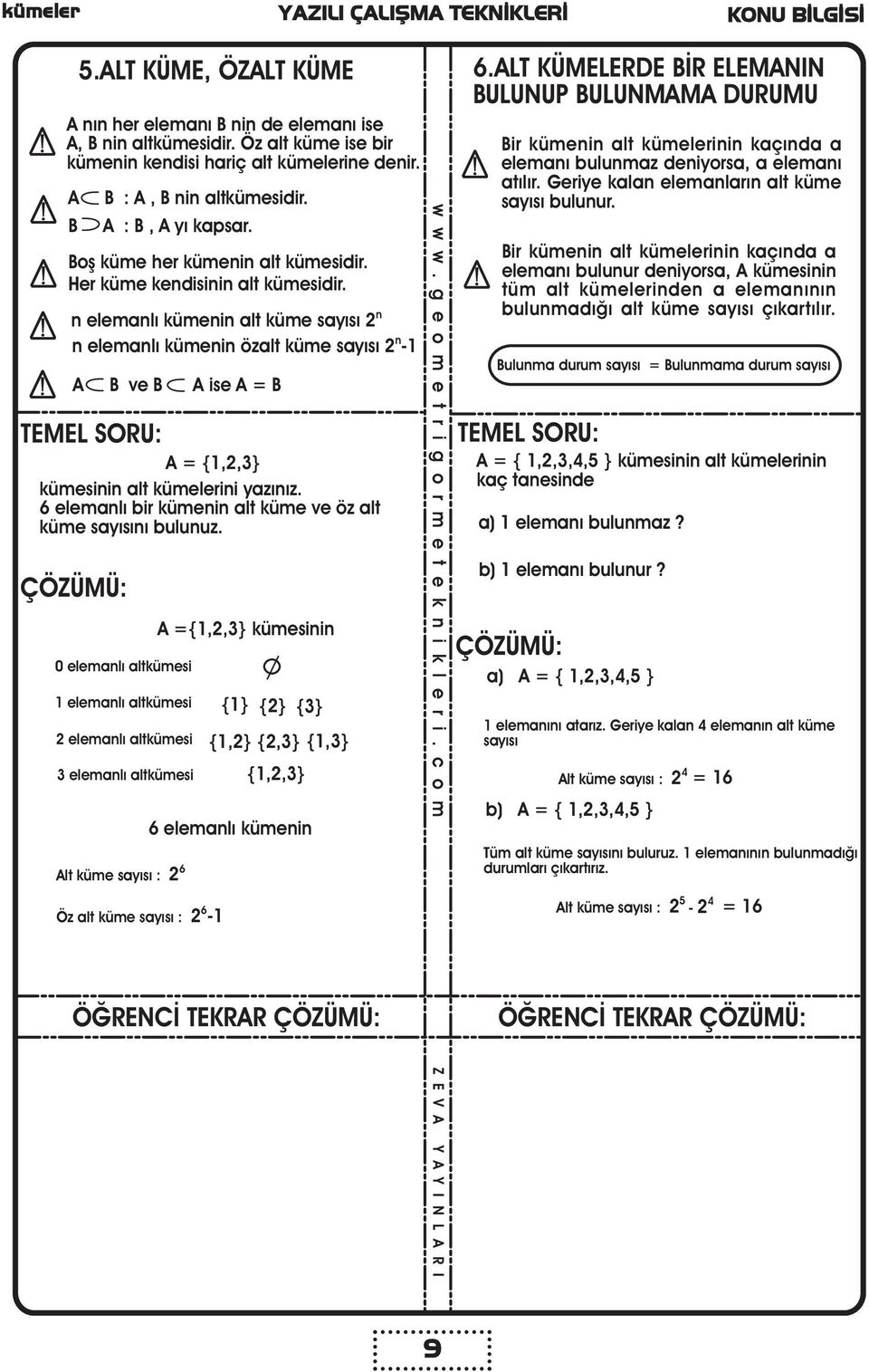 n elemanlý kümenin alt küme sayýsý 2 n n elemanlý kümenin özalt küme sayýsý 2 n -1 B ve B ise = B = {1,2,3} kümesinin alt kümelerini yazýnýz.