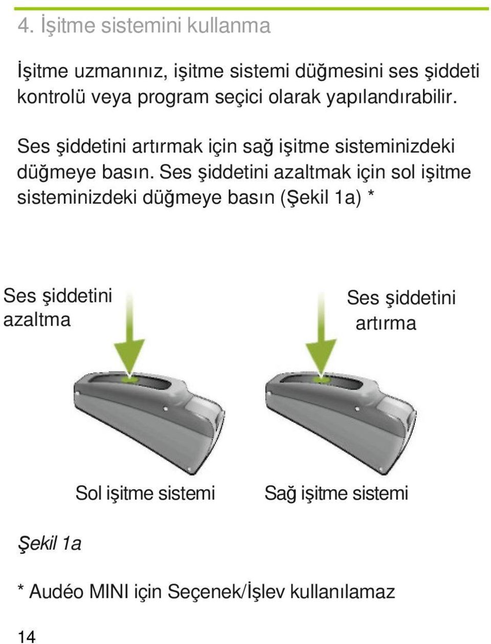 Ses şiddetini azaltmak için sol işitme sisteminizdeki düğmeye basın (Şekil 1a) * Ses şiddetini azaltma Ses