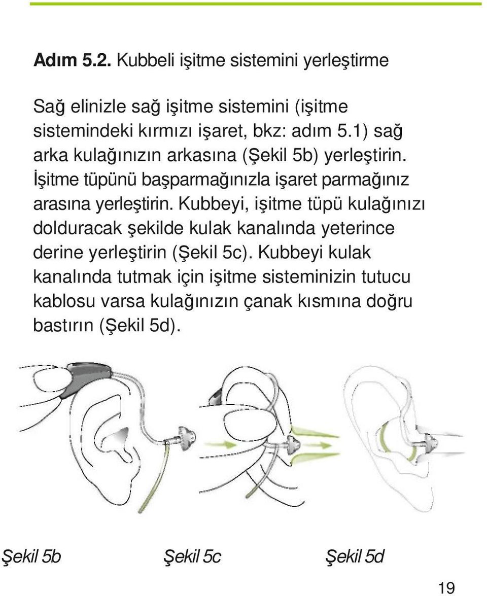 Kubbeyi, işitme tüpü kulağınızı dolduracak şekilde kulak kanalında yeterince derine yerleştirin (Şekil 5c).