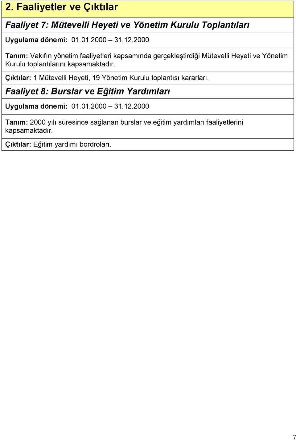 Çıktılar: 1 Mütevelli Heyeti, 19 Yönetim Kurulu toplantısı kararları. Faaliyet 8: Burslar ve Eğitim Yardımları Uygulama dönemi: 01.