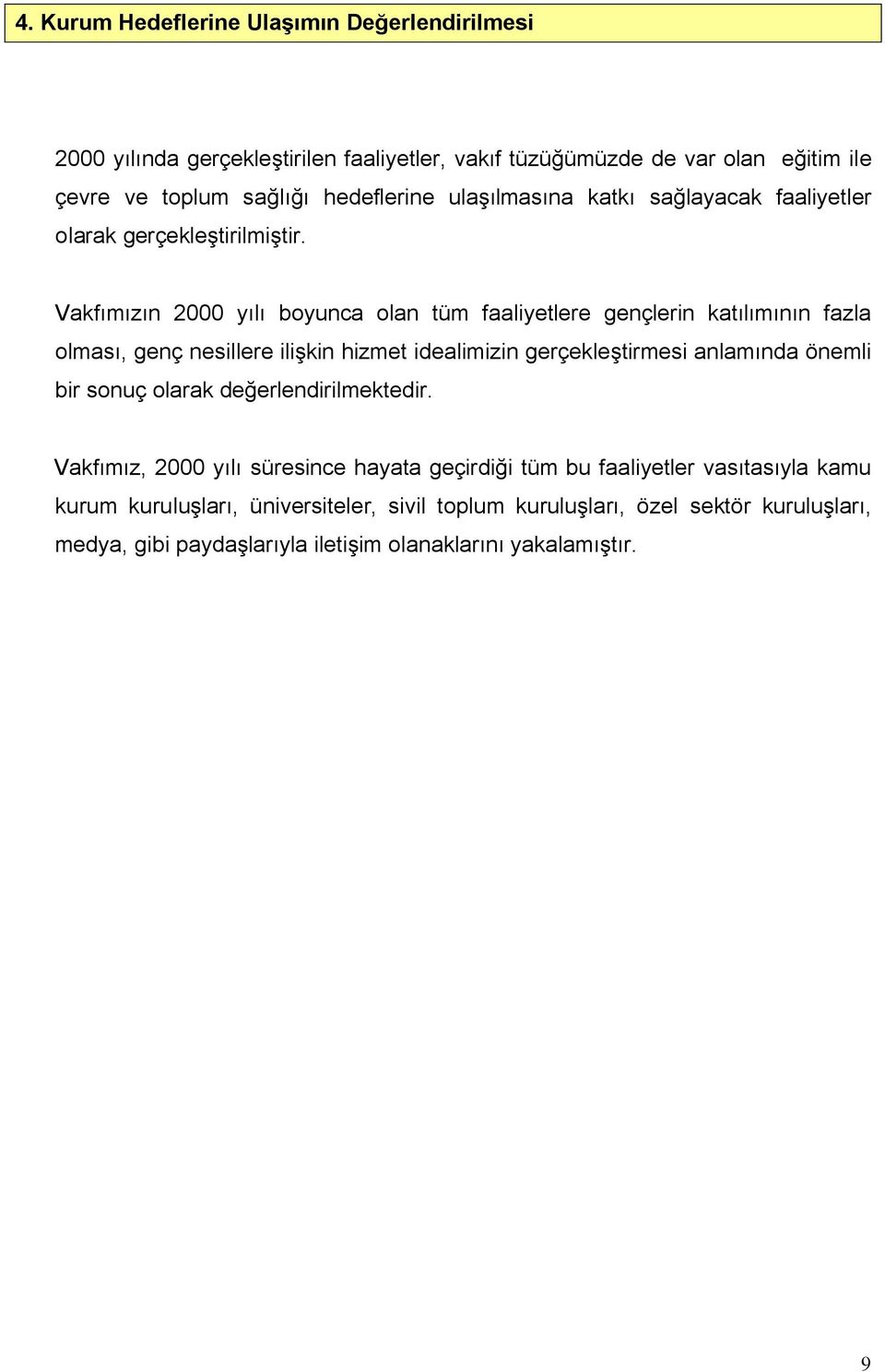 Vakfımızın 2000 yılı boyunca olan tüm faaliyetlere gençlerin katılımının fazla olması, genç nesillere ilişkin hizmet idealimizin gerçekleştirmesi anlamında önemli bir