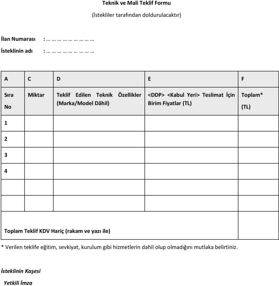 Birim Fiyatlar (TL) Toplam* (TL) 2 3 4 Toplam Teklif KDV Hariç (rakam ve yazı ile) * Verilen teklife