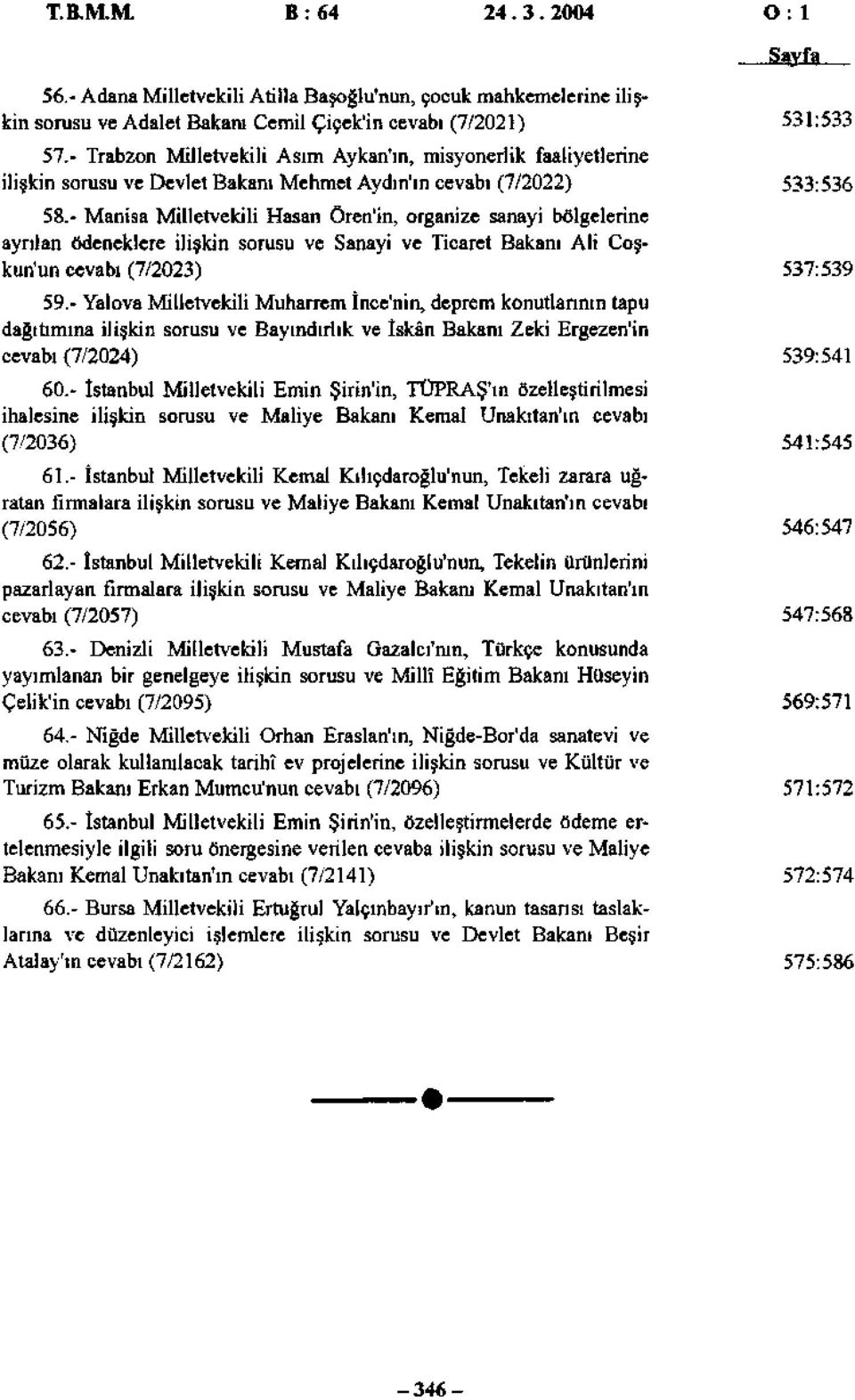 - Manisa Milletvekili Hasan Ören'in, organize sanayi bölgelerine ayrılan ödeneklere ilişkin sorusu ve Sanayi ve Ticaret Bakanı Ali Coşkun'un cevabı (7/2023) 537:539 59.