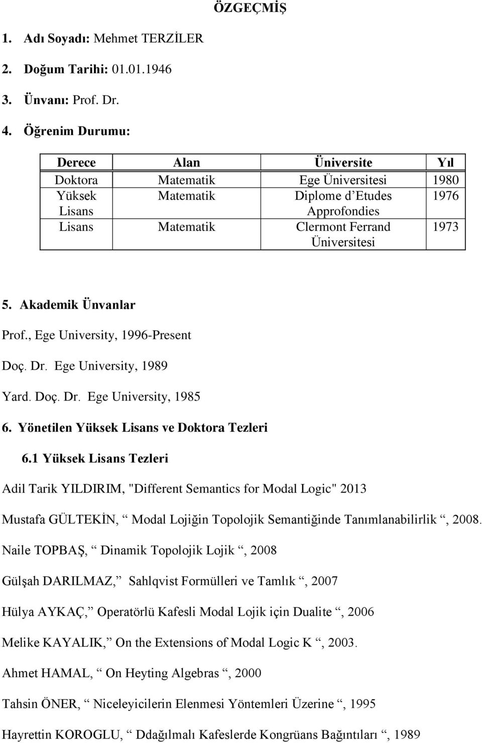 Akademik Ünvanlar Prof., Ege University, 1996-Present Doç. Dr. Ege University, 1989 Yard. Doç. Dr. Ege University, 1985 6. Yönetilen Yüksek Lisans ve Doktora Tezleri 6.