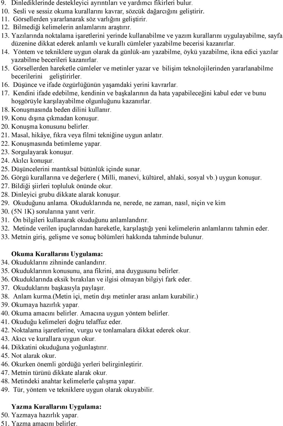 Yazılarında noktalama işaretlerini yerinde kullanabilme ve yazım kurallarını uygulayabilme, sayfa düzenine dikkat ederek anlamlı ve kurallı cümleler yazabilme becerisi kazanırlar. 14.