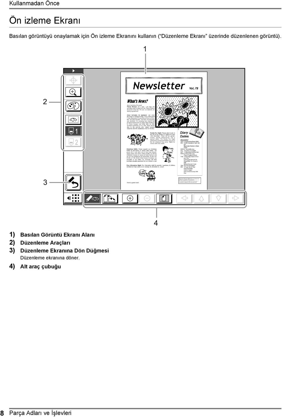 1) Basılan Görüntü Ekranı Alanı 2) Düzenleme Araçları 3) Düzenleme Ekranına