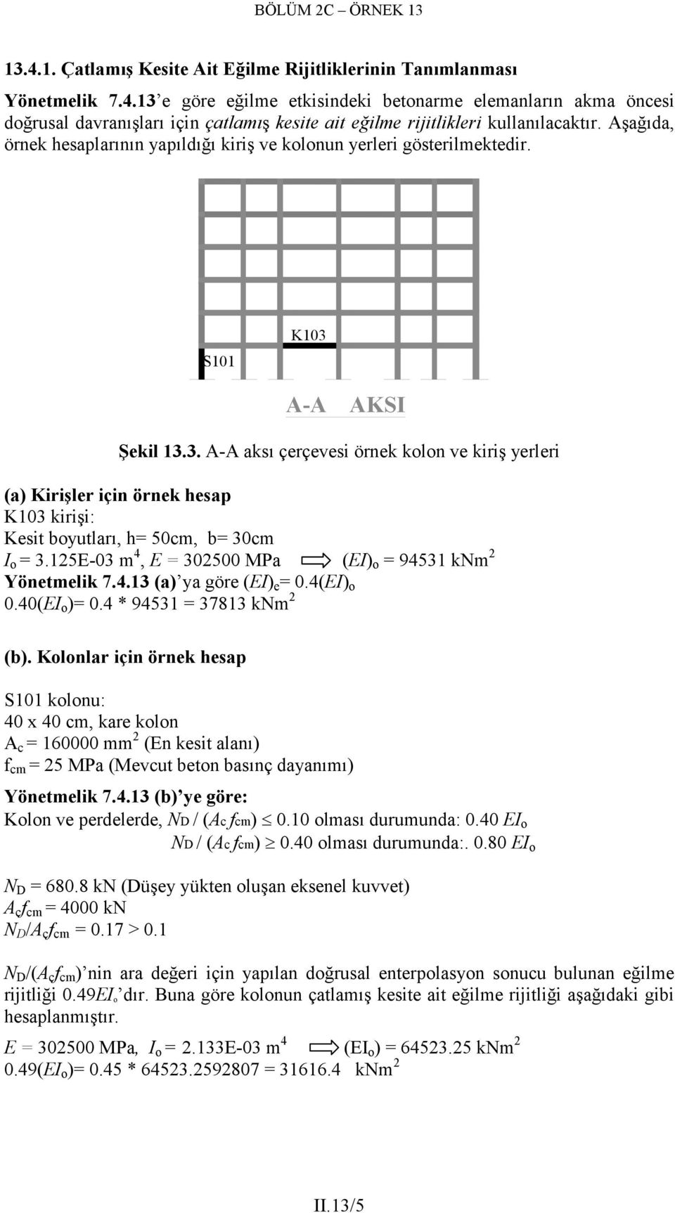 A-A AKSI Şekil 13.3. A-A aksı çerçevesi örnek kolon ve kiriş yerleri (a) Kirişler için örnek hesap K13 kirişi: Kesit boyutları, h= 5cm, b= 3cm I o = 3.