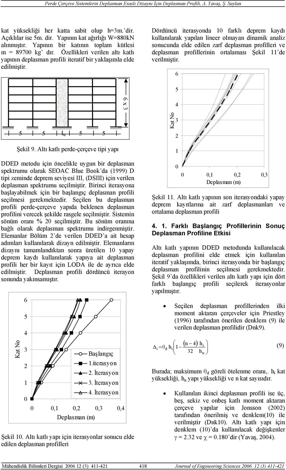 Dördücü terasoda farklı deprem kadı kullaılarak apıla leer olmaa damk aalz soucuda elde edle zarf deplasma profller ve deplasma profller ortalaması Şekl de verlmştr. x l w Şekl 9.