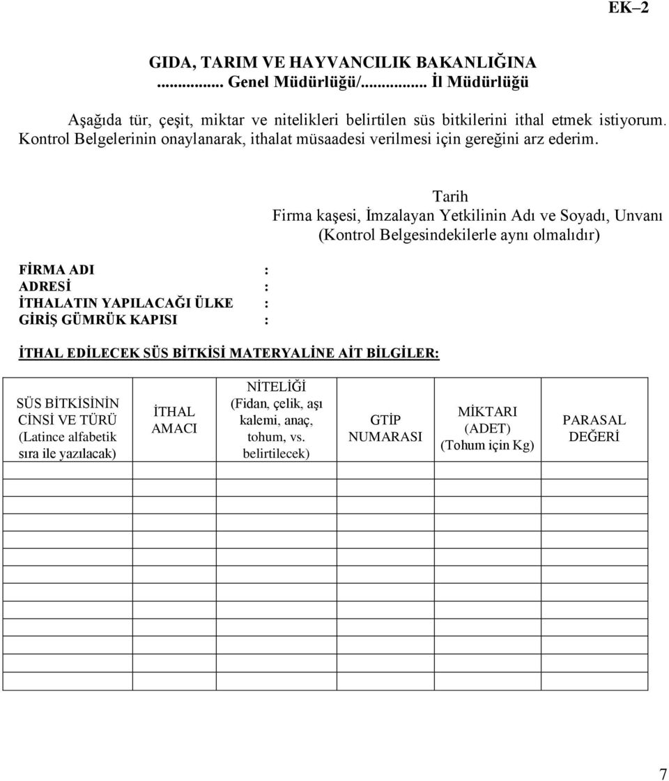 FİRMA ADI : ADRESİ : İTHALATIN YAPILACAĞI ÜLKE : GİRİŞ GÜMRÜK KAPISI : İTHAL EDİLECEK SÜS BİTKİSİ MATERYALİNE AİT BİLGİLER: Tarih Firma kaşesi, İmzalayan Yetkilinin Adı ve