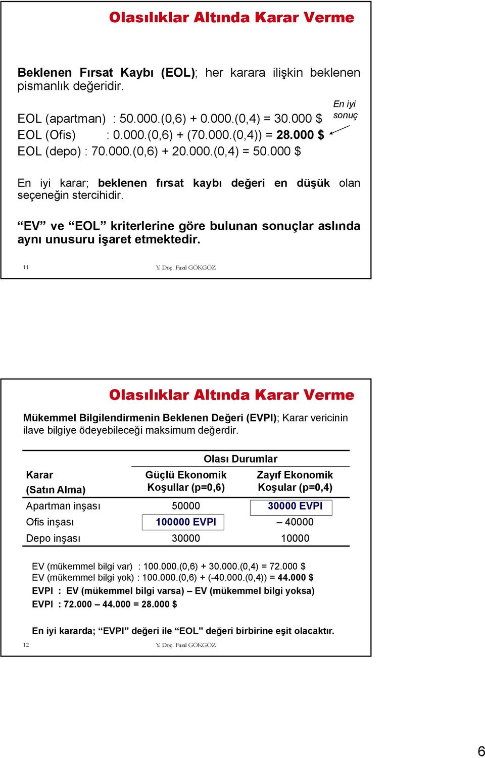 EV ve EOL kriterlerine göre bulunan sonuçlar aslında aynı unusuru işaret etmektedir.