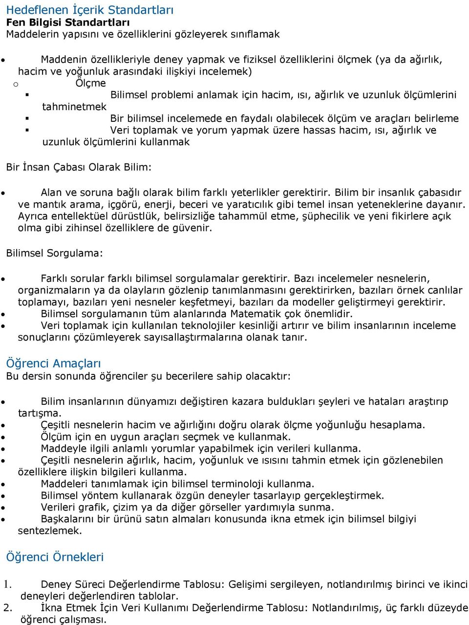 ölçüm ve araçları belirleme Veri toplamak ve yorum yapmak üzere hassas hacim, ısı, ağırlık ve uzunluk ölçümlerini kullanmak Bir İnsan Çabası Olarak Bilim: Alan ve soruna bağlı olarak bilim farklı