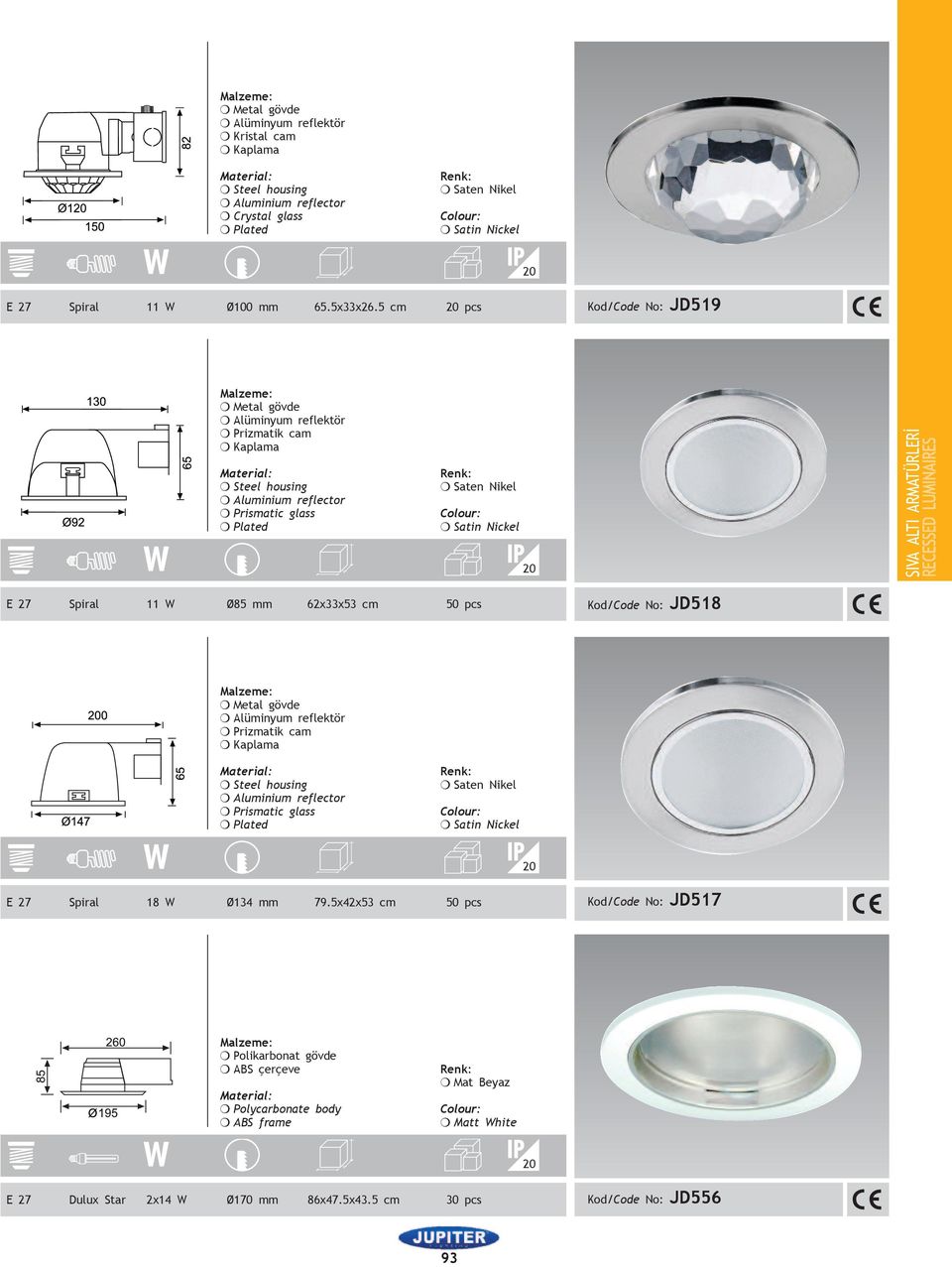 Kod/Code No: JD518 Prizmatik cam Prismatic glass E 27 Spiral 18 W Ø134 mm 79.