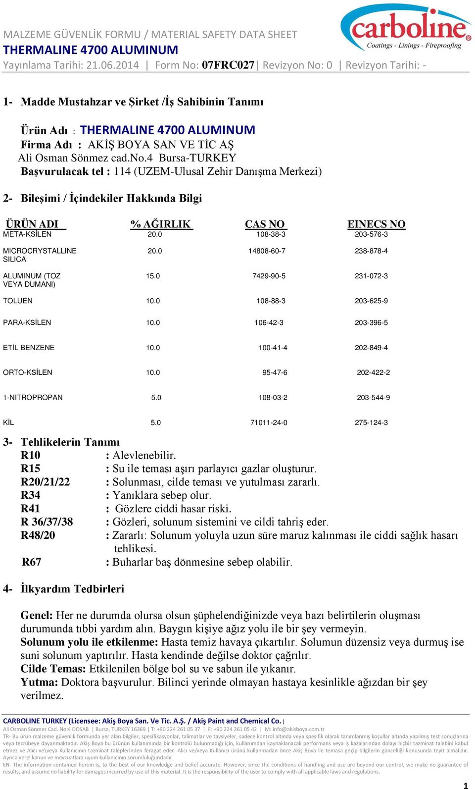 0 108-38-3 203-576-3 MICROCRYSTALLINE 20.0 14808-60-7 238-878-4 SILICA ALUMINUM (TOZ 15.0 7429-90-5 231-072-3 VEYA DUMANI) TOLUEN 10.0 108-88-3 203-625-9 PARA-KSİLEN 10.