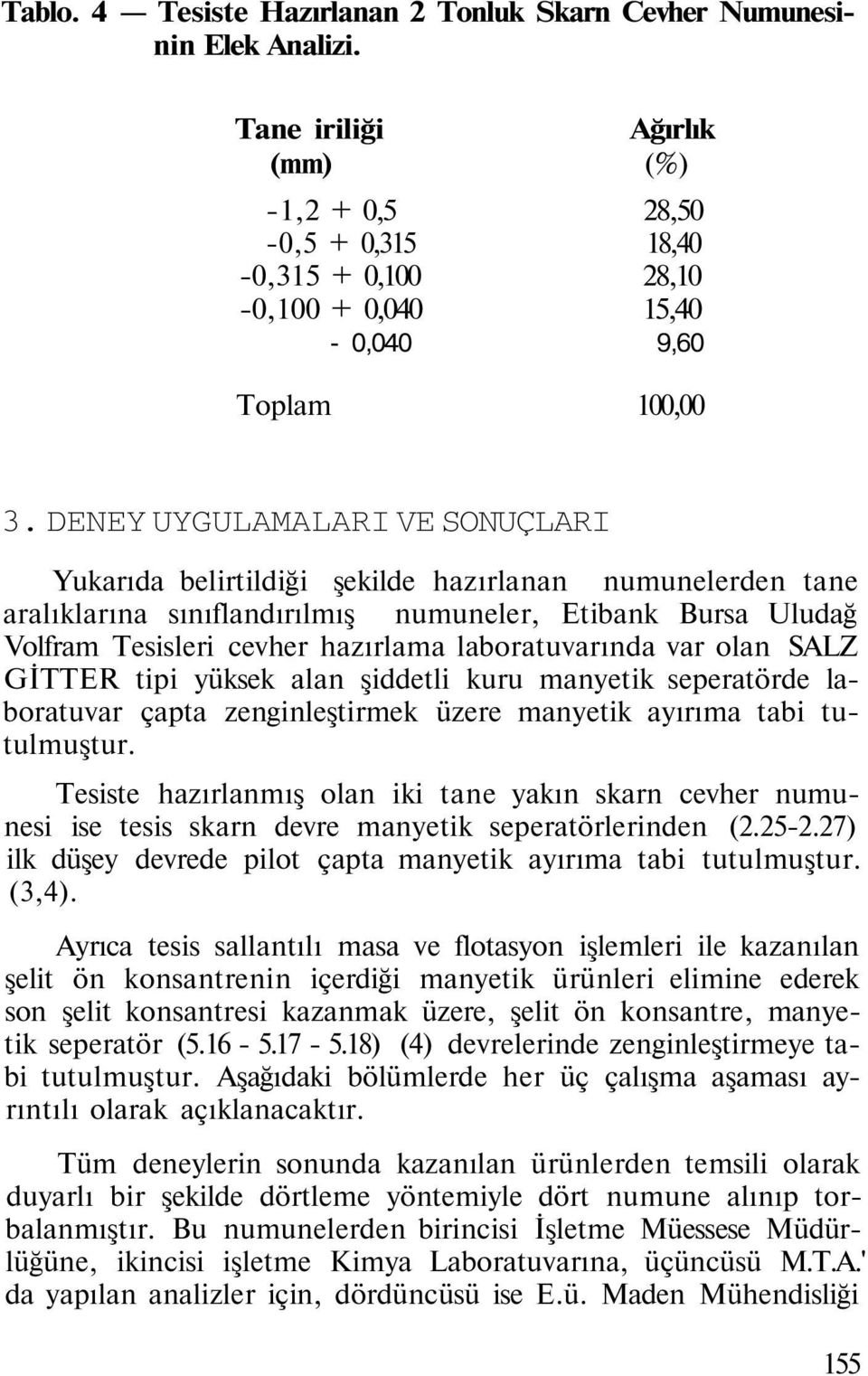 DENEY UYGULAMALARI VE SONUÇLARI Yukarıda belirtildiği şekilde hazırlanan numunelerden tane aralıklarına sınıflandırılmış numuneler, Etibank Bursa Uludağ Volfram Tesisleri cevher hazırlama