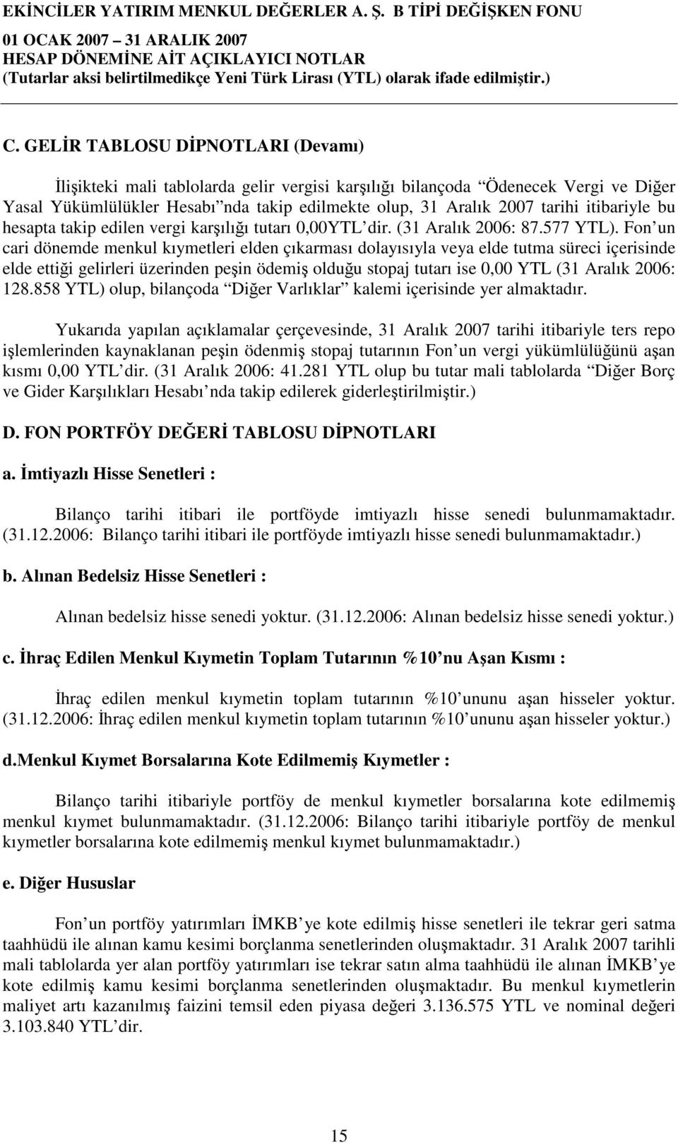 Fon un cari dönemde menkul kıymetleri elden çıkarması dolayısıyla veya elde tutma süreci içerisinde elde ettiği gelirleri üzerinden peşin ödemiş olduğu stopaj tutarı ise 0,00 YTL (31 Aralık 2006: 128.