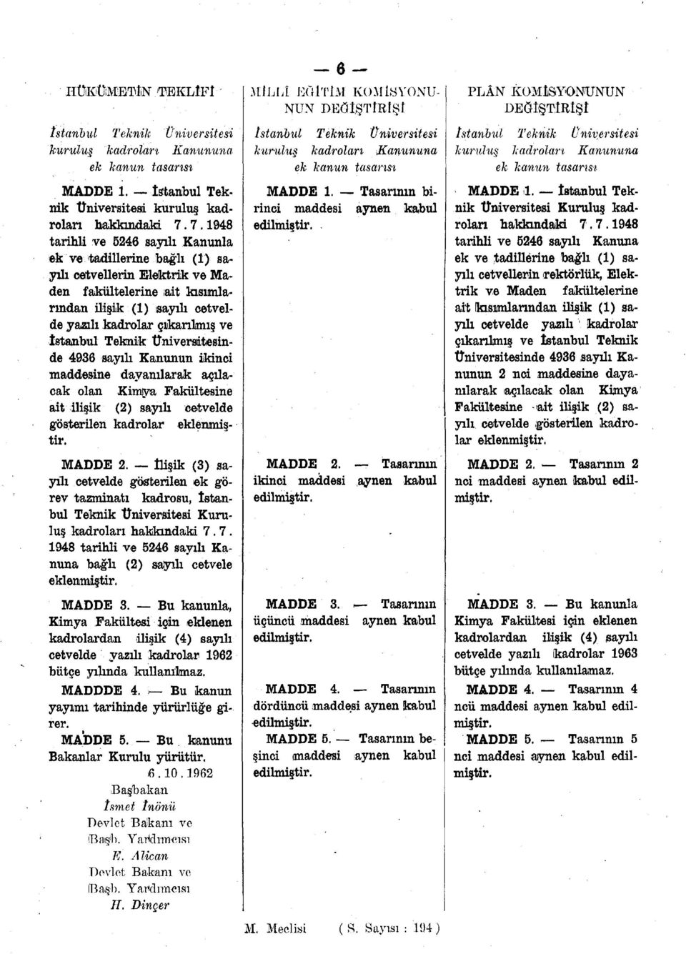 Üniversitesinde 936 sayılı Kanunun ikinci maddesine dayanılarak açılacak olan Kimya Fakültesine ait ilişik () sayılı cetvelde gösterilen kadrolar eklenmiştir. MADDE.