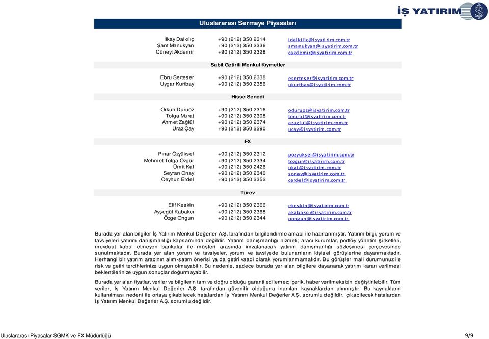 com.tr Tolga Murat +90 (212) 350 2308 tmurat@isyatirim.com.tr Ahmet Zağlül +90 (212) 350 2374 azaglul@isyatirim.com.tr Uraz Çay +90 (212) 350 2290 ucay@isyatirim.com.tr FX Pınar Özyüksel +90 (212) 350 2312 pozyuks el@isyatirim.