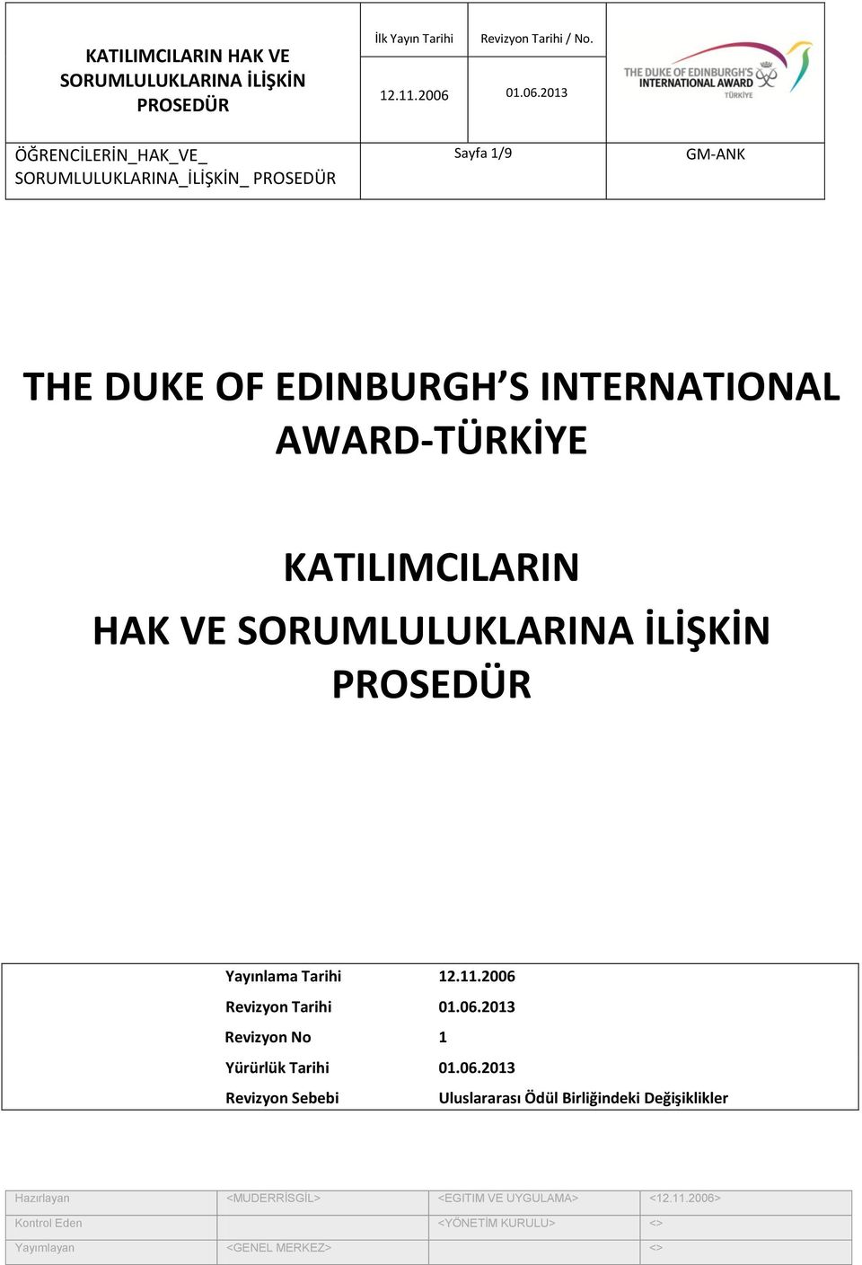 12.11.2006 Revizyon Tarihi 01.06.2013 Revizyon No 1 Yürürlük Tarihi 01.