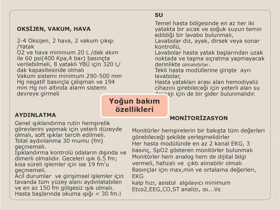 düzeyde olmalı, soft ışıklar tercih edilmeli. Total aydınlanma 30 mumu (fm) geçmemeli. Işıklandırma kontrolü odaların dışında ve dimerli olmalıdır. Geceleri ışık 6.