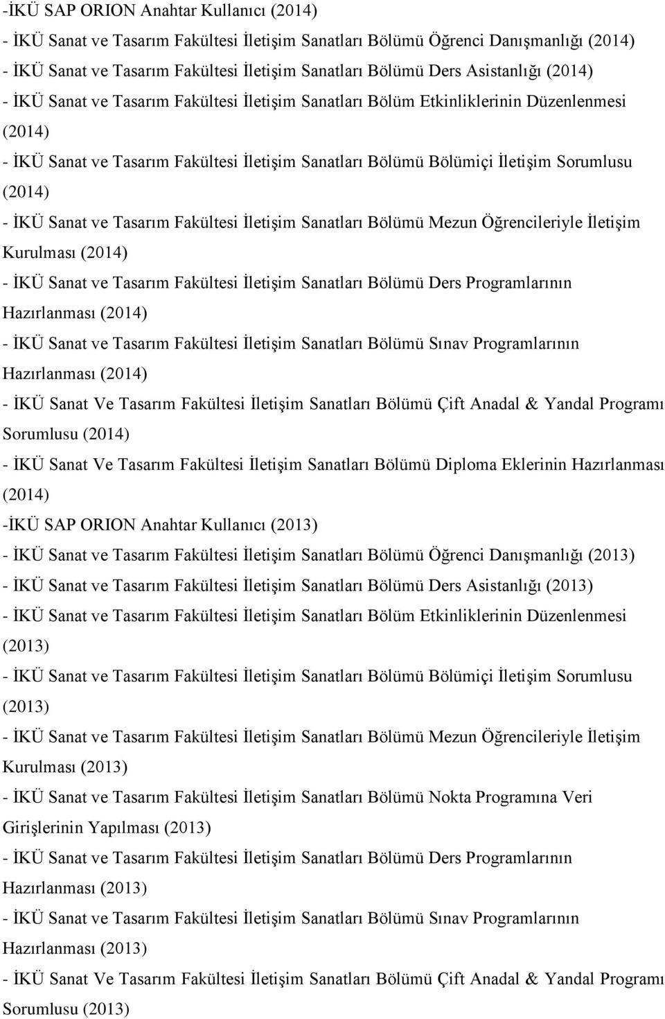Diploma Eklerinin Hazırlanması (2014) İKÜ SAP ORION Anahtar Kullanıcı (2013) İKÜ Sanat ve Tasarım Fakültesi İletişim Sanatları Bölümü Öğrenci Danışmanlığı (2013) İKÜ Sanat ve
