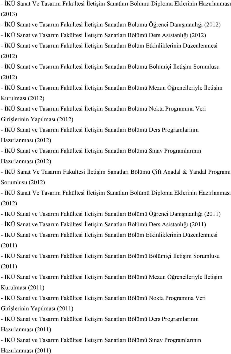 Sorumlusu (2012) İKÜ Sanat Ve Tasarım Fakültesi İletişim Sanatları Bölümü Diploma Eklerinin Hazırlanması (2012) İKÜ Sanat ve Tasarım Fakültesi İletişim Sanatları Bölümü Öğrenci