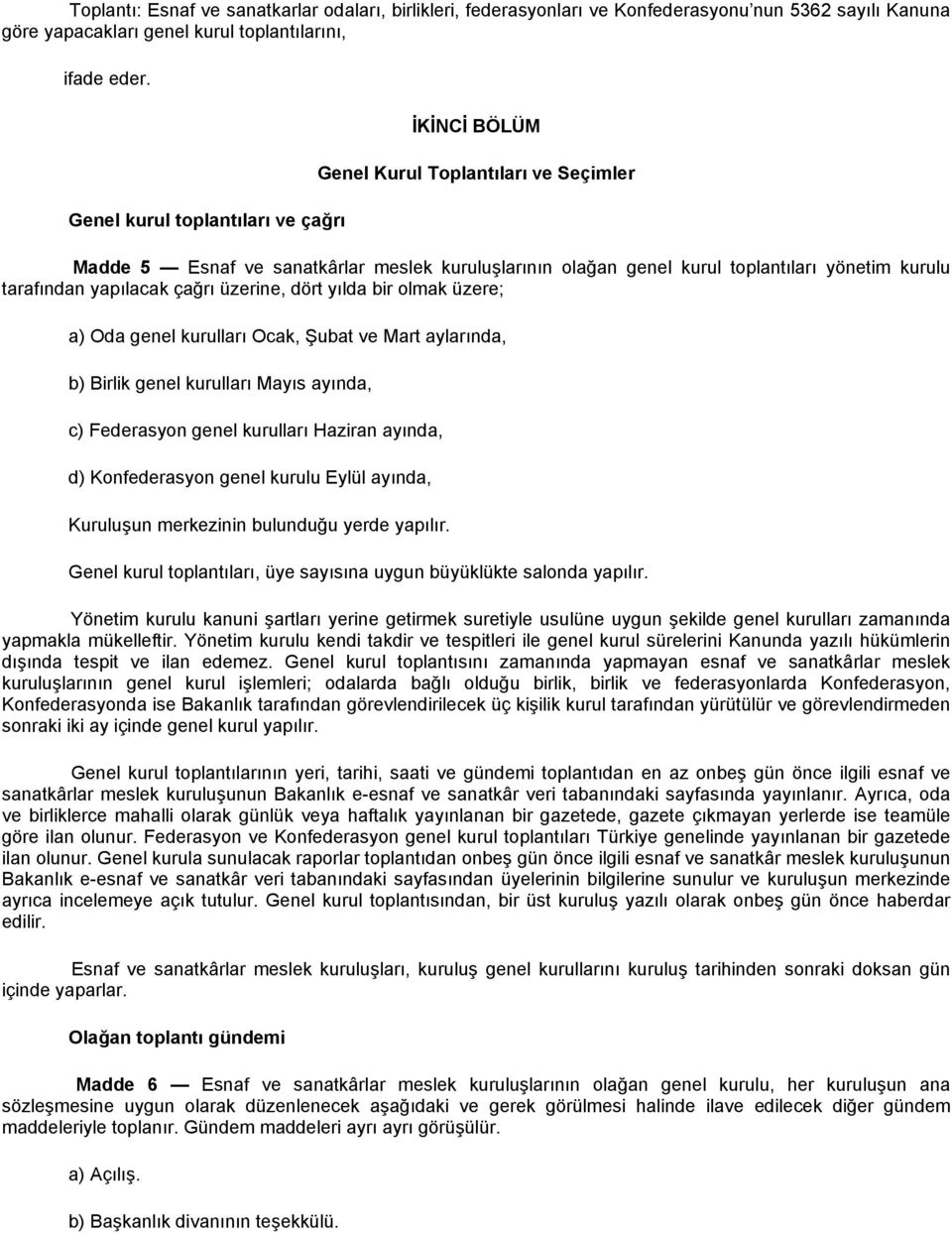 yapılacak çağrı üzerine, dört yılda bir olmak üzere; a) Oda genel kurulları Ocak, Şubat ve Mart aylarında, b) Birlik genel kurulları Mayıs ayında, c) Federasyon genel kurulları Haziran ayında, d)