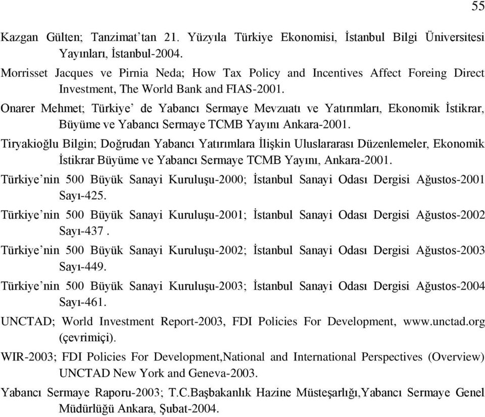 Onarer Mehmet; Türkiye de Yabancı Sermaye Mevzuatı ve Yatırımları, Ekonomik İstikrar, Büyüme ve Yabancı Sermaye TCMB Yayını Ankara-2001.