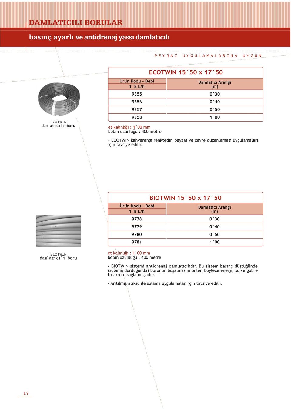 Debi 1 8 L/h 9778 9779 9780 9781 BIOTWIN 15 x 17 Damlatıcı Aralığı (m) 0 40 0 BIOTWIN damlatıcılı boru et kalınlığı : mm bobin uzunluğu : 400 metre BIOTWIN sistemi antidrenaj