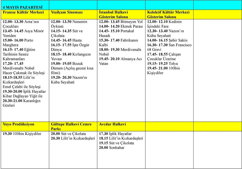 45 Hasta 16.15-17.55 İşte Özgür Dünya 18.15-18.40 Kırlangıcın 19.00-19.05 Bozuk Dümen (Açılış gecesi kısa filmi) 19.20-20.30 Nazım'ın 12.00-13.45 Bitmeyen Yol 14.00-14.20 Ekmek Parası 14.45-15.