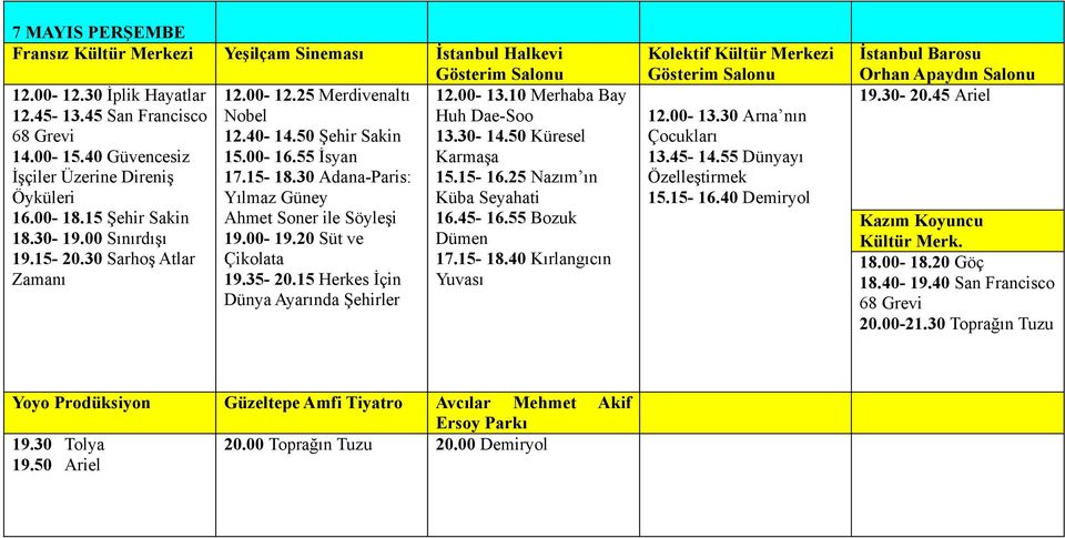 15 Herkes İçin Dünya Ayarında Şehirler 12.00-13.10 Merhaba Bay Huh Dae-Soo 13.30-14.50 Küresel Karmaşa 15.15-16.25 Nazım ın 16.45-16.55 Bozuk Dümen 17.15-18.40 Kırlangıcın 12.00-13.30 Arna nın 13.