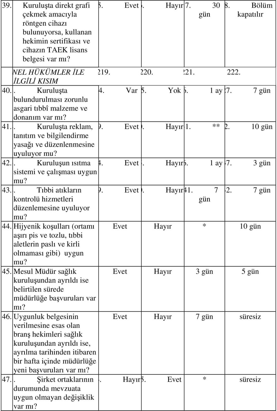 10 tanıtım ve bilgilendirme yasağı ve düzenlenmesine uyuluyor 42. 3. Kuruluşun ısıtma 4. Evet5. Hayır6. 1 ay37. 3 sistemi ve çalışması uygun 43. 8. Tıbbi atıkların 9. Evet0. Hayır41. 7 42.